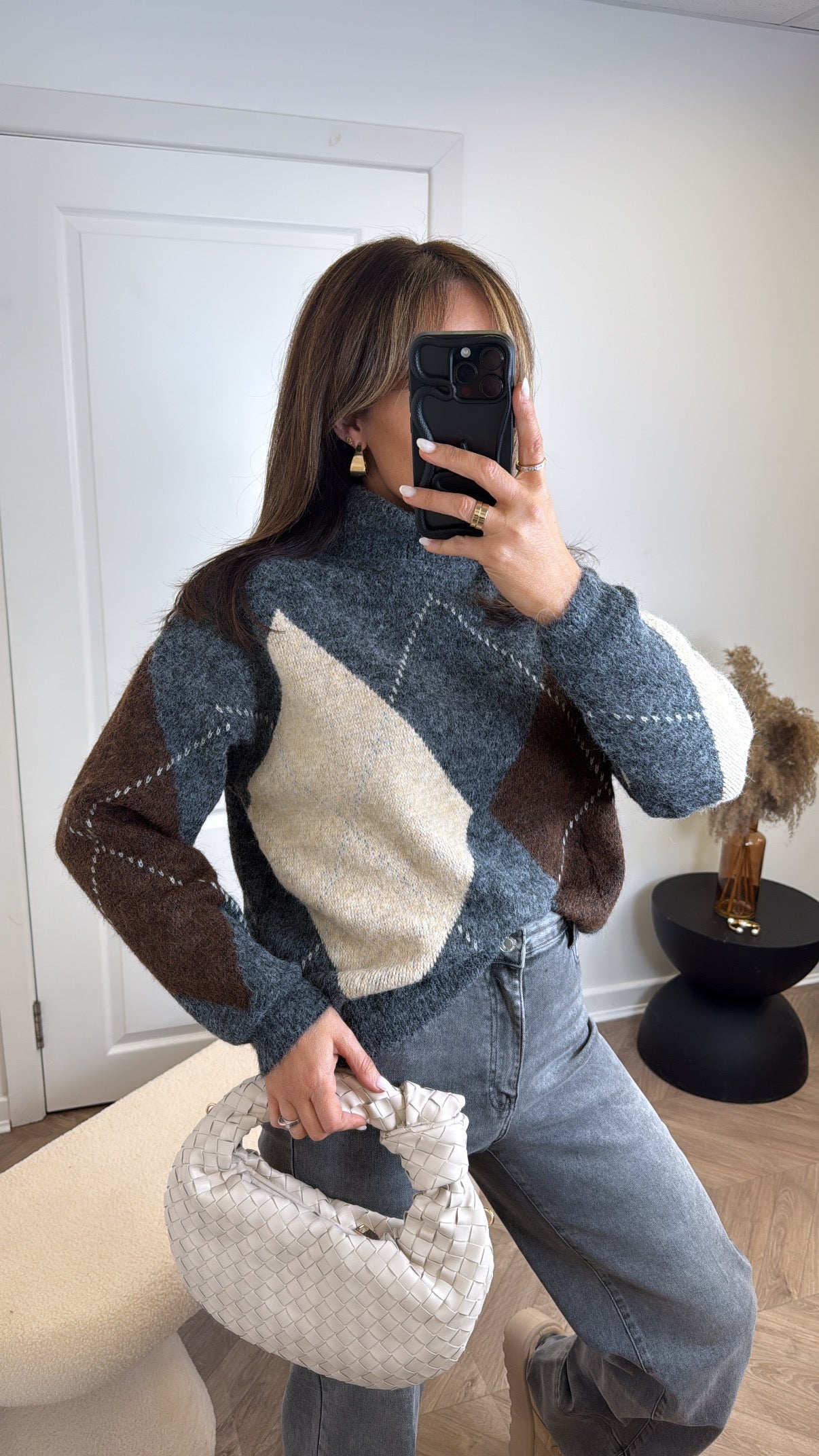 VOGUE grey argyle check roll neck jumper