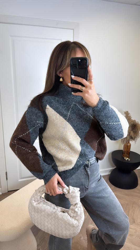 VOGUE grey argyle check roll neck jumper