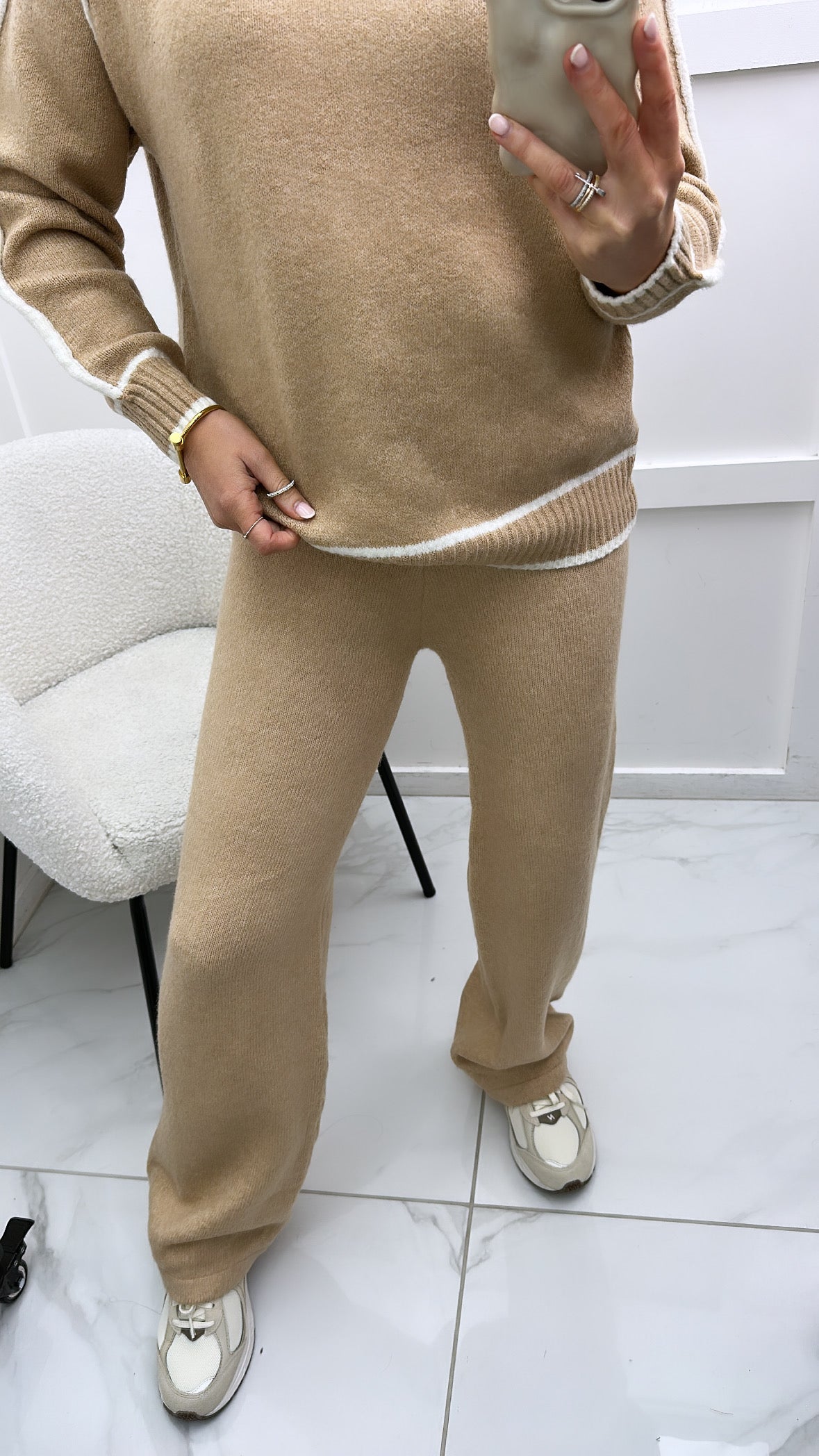 ALEXA camel knitted woolly wide leg joggers