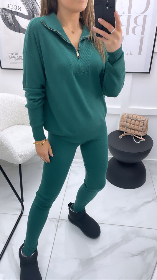 MOLLY forrest green half zip knitted lounge set