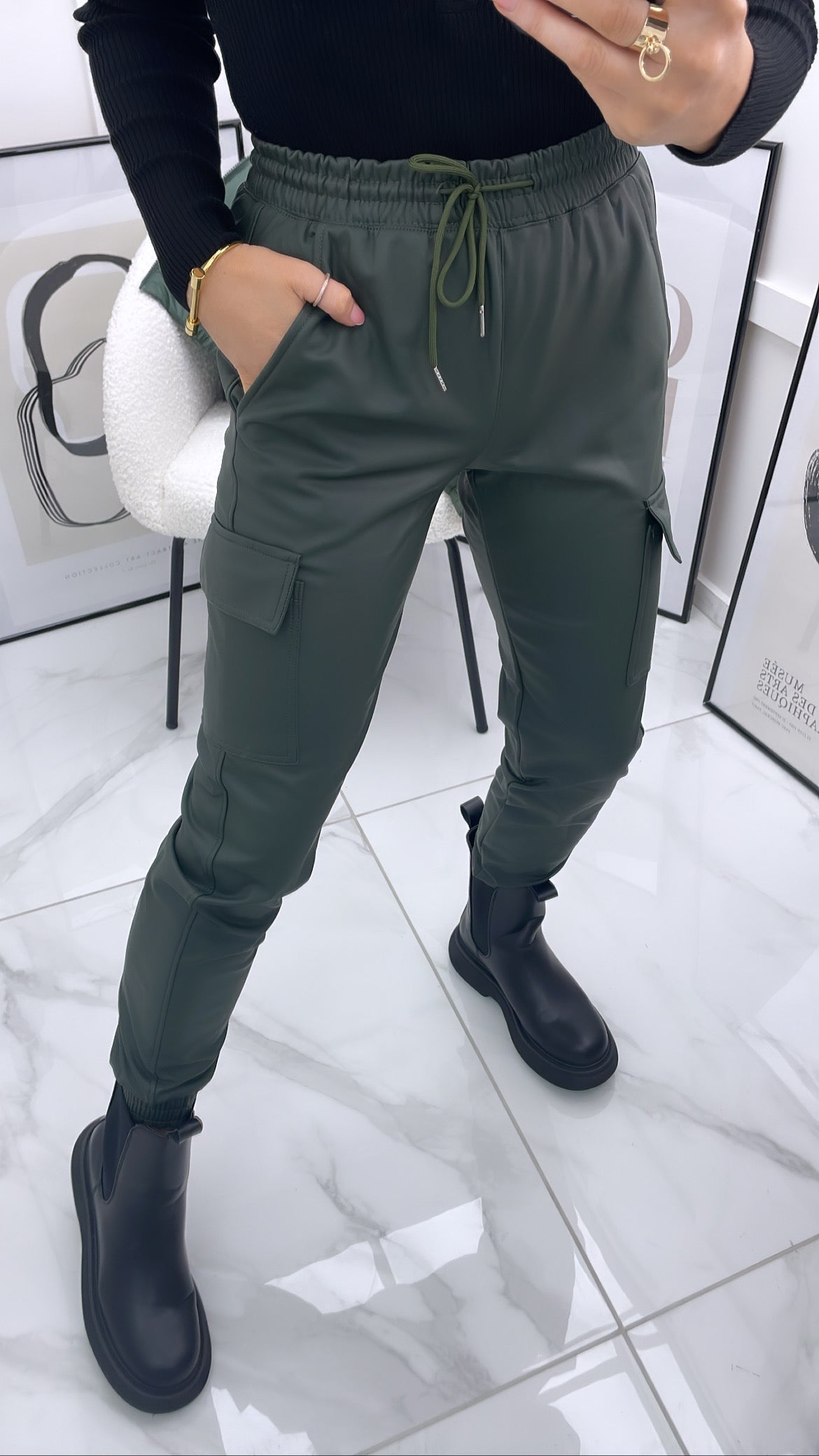 ERIN khaki PU jogger pants