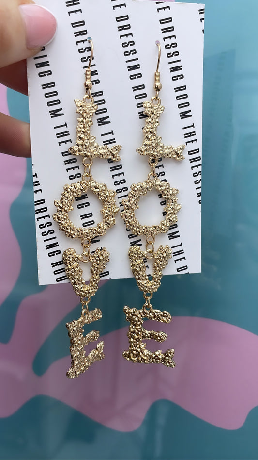 LOVE gold drop statement earrings